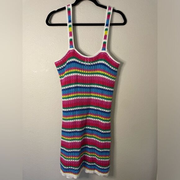 GAP Multi Color Horizontal Stripe Crochet Mini Dress Sleeveless Size L - Picture 1 of 8